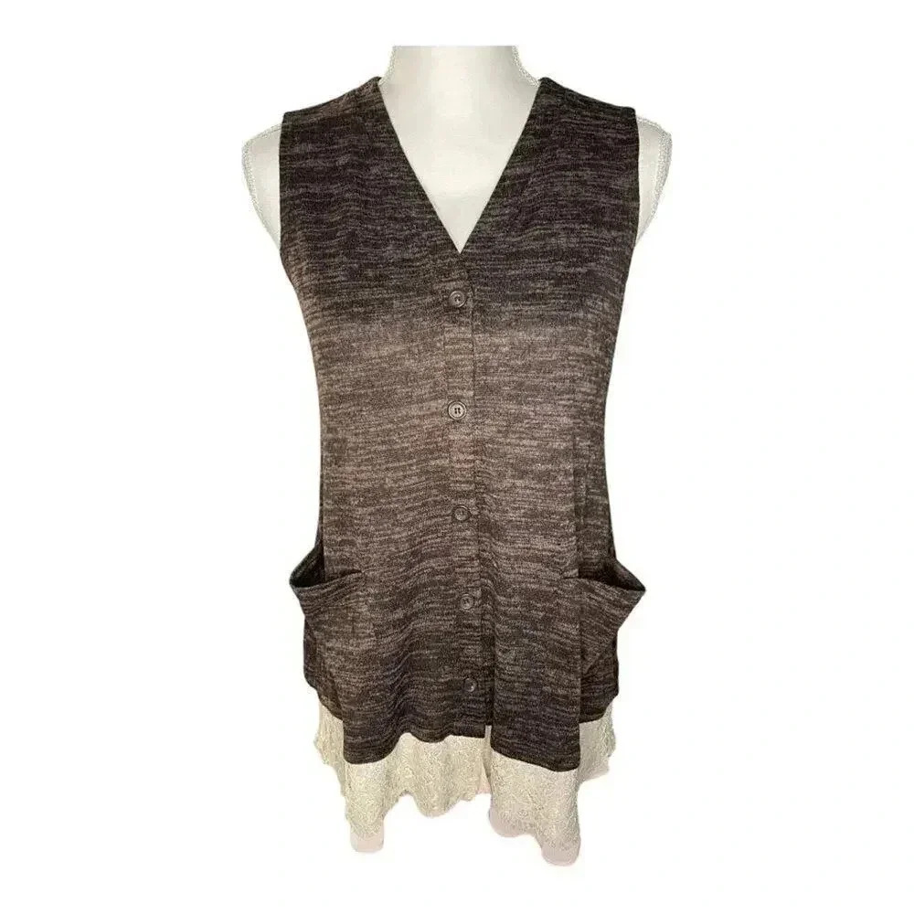 Logo Lori‎ Goldstein XS Brown Space Dye Sleeveless Tunic Sweater Lace Ruffle Hem